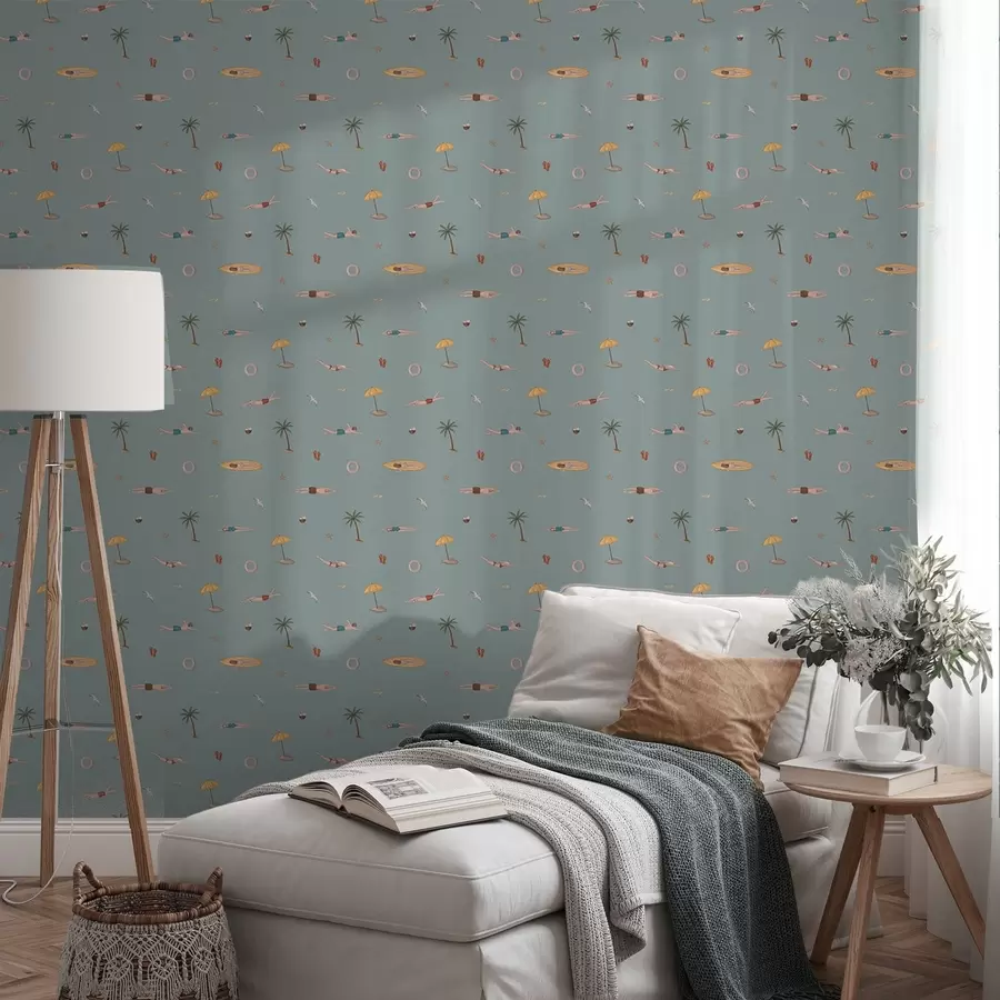 wall murals Swimmers, palm trees and beach accessories on a sage green background a01276v1