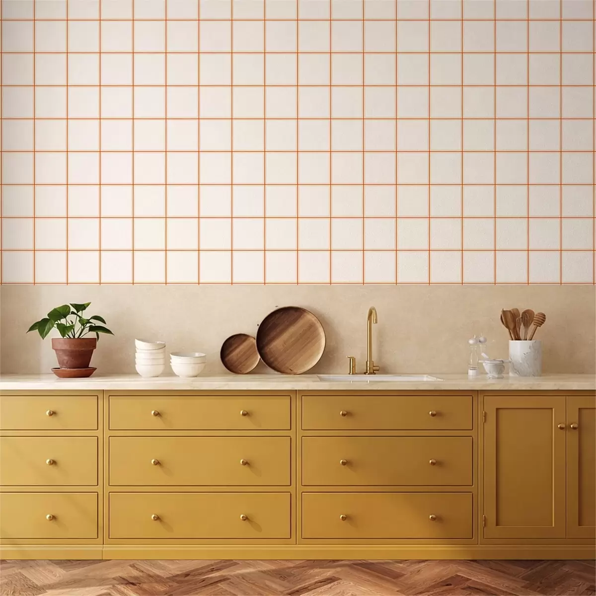 Wallpaper Grid of nine beige squares with terracotta borders a01277