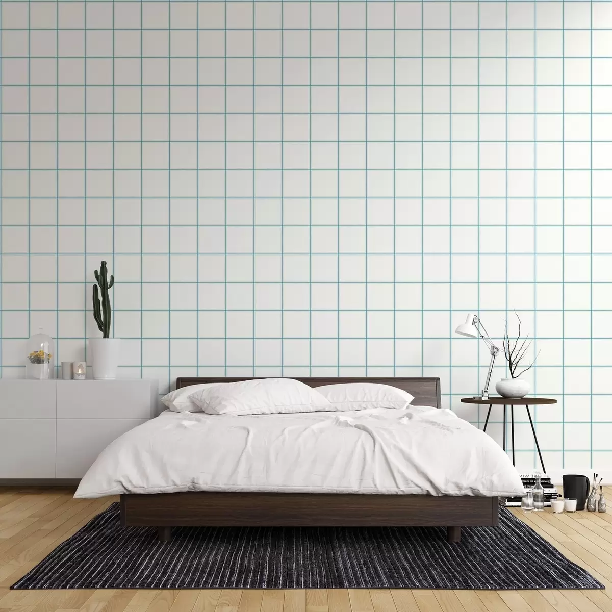 Papier peint Grille composée de neuf carrés blancs bordés de bleu clair a01277v1
