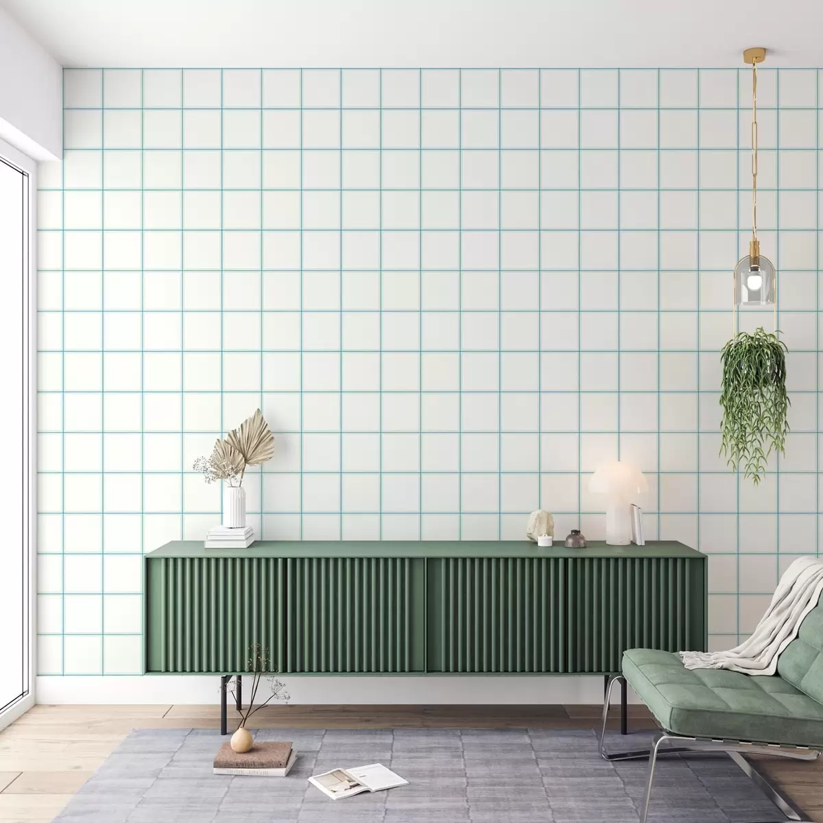 Papier peint Grille composée de neuf carrés blancs bordés de bleu clair a01277v1