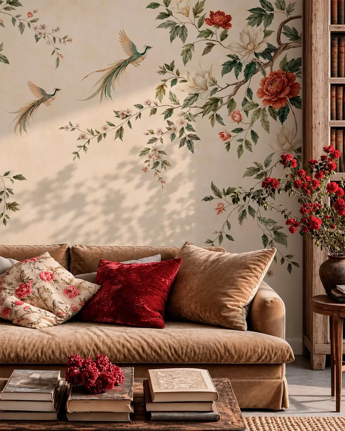 Wall Mural Photo Wallpaper Flowering branches and birds of paradise on a cream background w05955