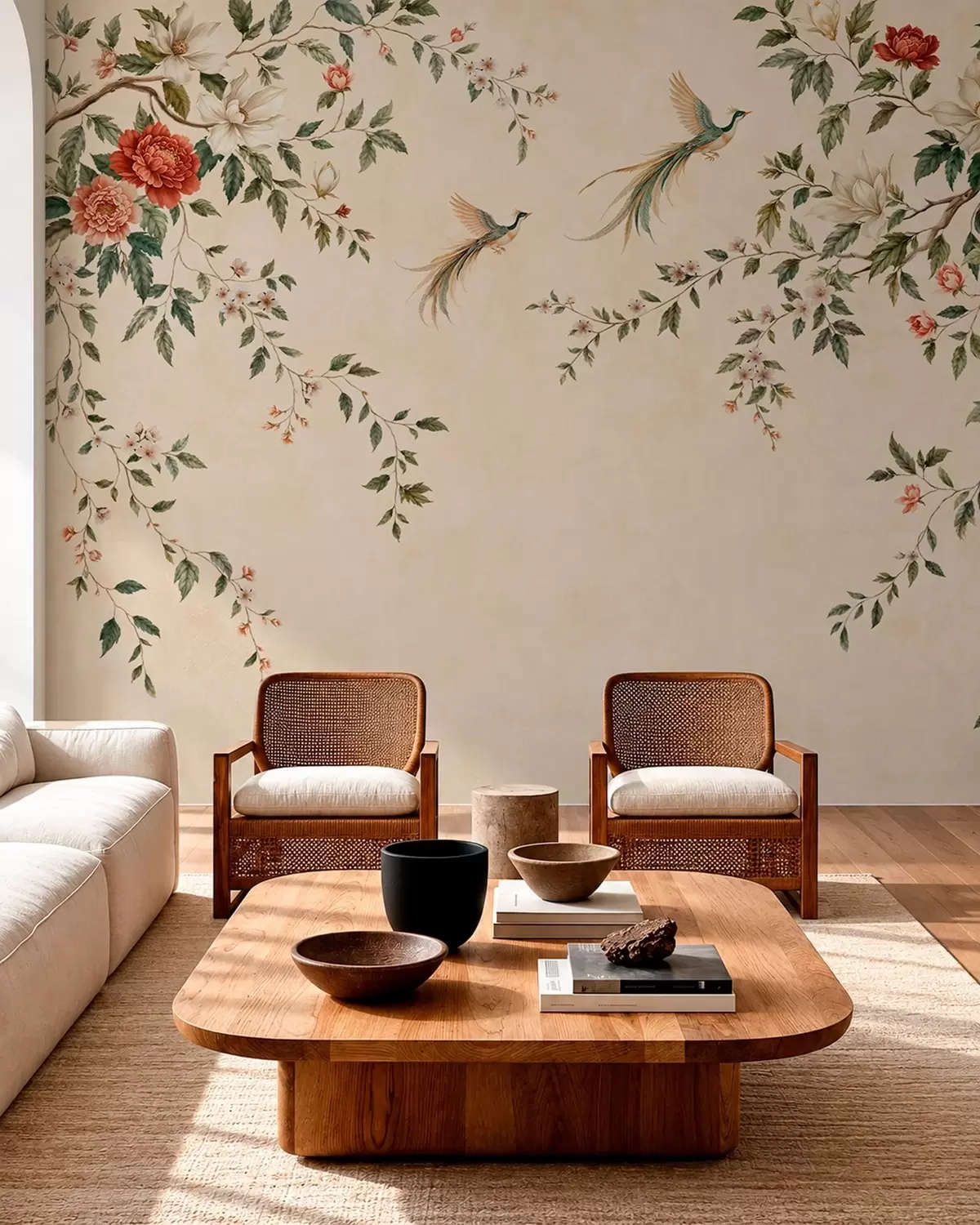 Wall Mural Photo Wallpaper Flowering branches and birds of paradise on a cream background w05955