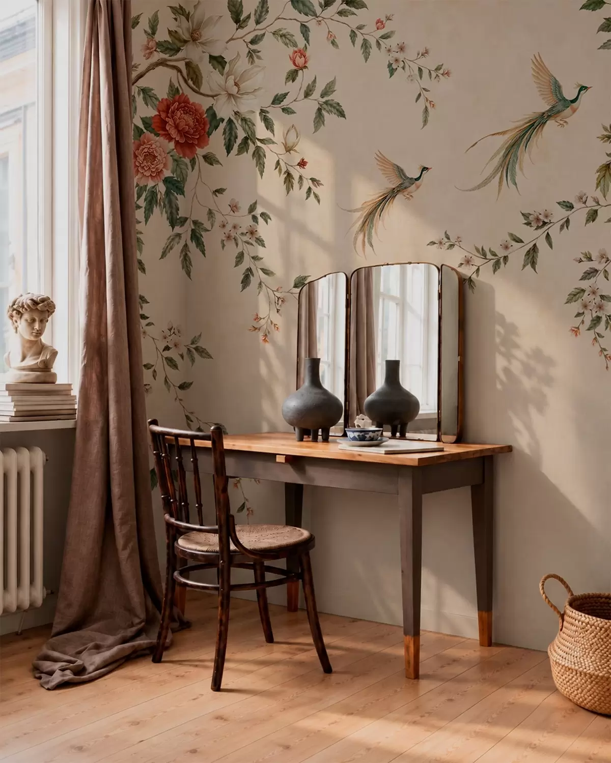 Wall Mural Photo Wallpaper Flowering branches and birds of paradise on a cream background w05955