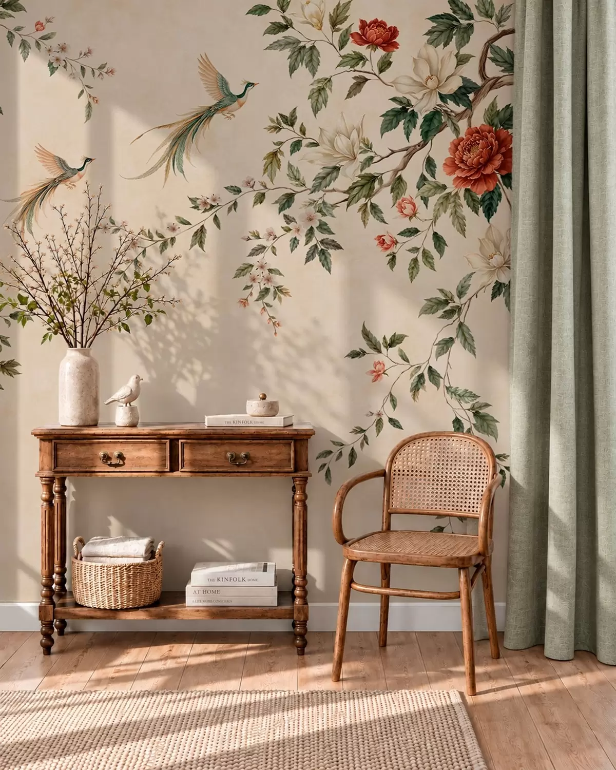 Wall Mural Photo Wallpaper Flowering branches and birds of paradise on a cream background w05955