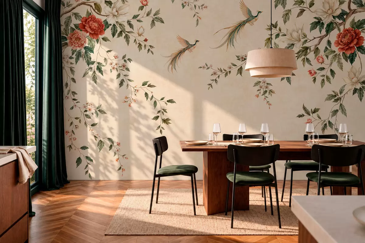 Wall Mural Photo Wallpaper Flowering branches and birds of paradise on a cream background w05955