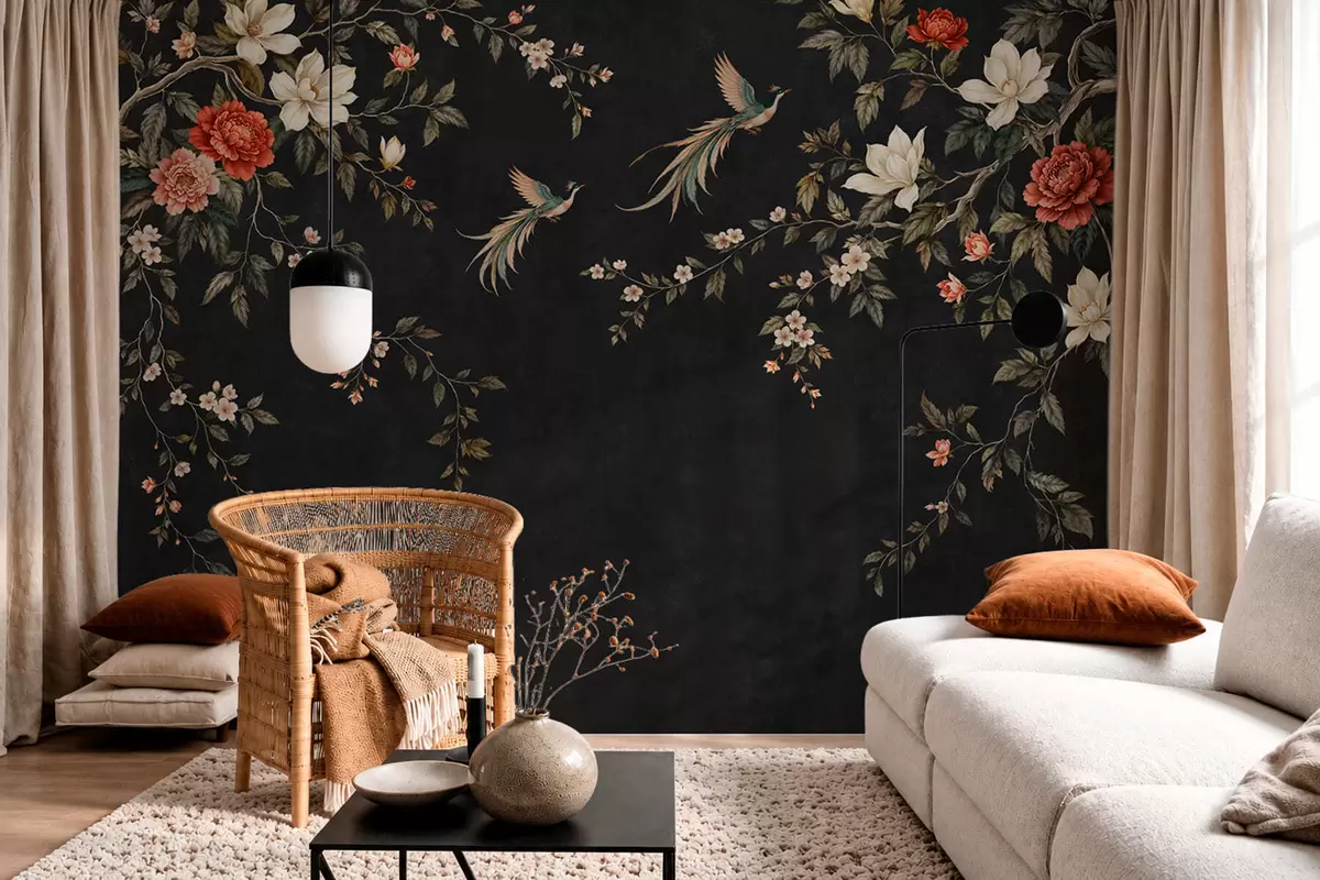 wall murals Flowering branches and exotic birds on a dark background w05955v1