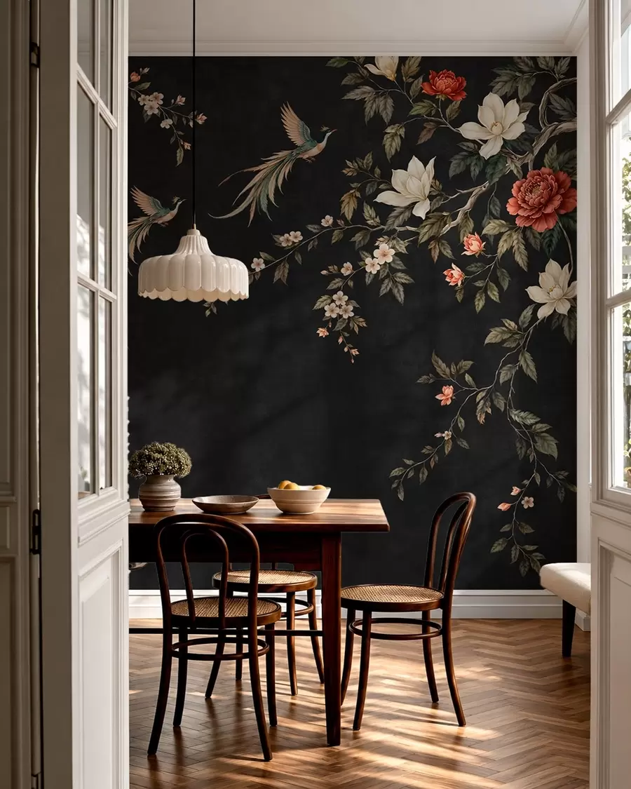 murales Ramas en flor y aves exóticas sobre un fondo oscuro w05955v1