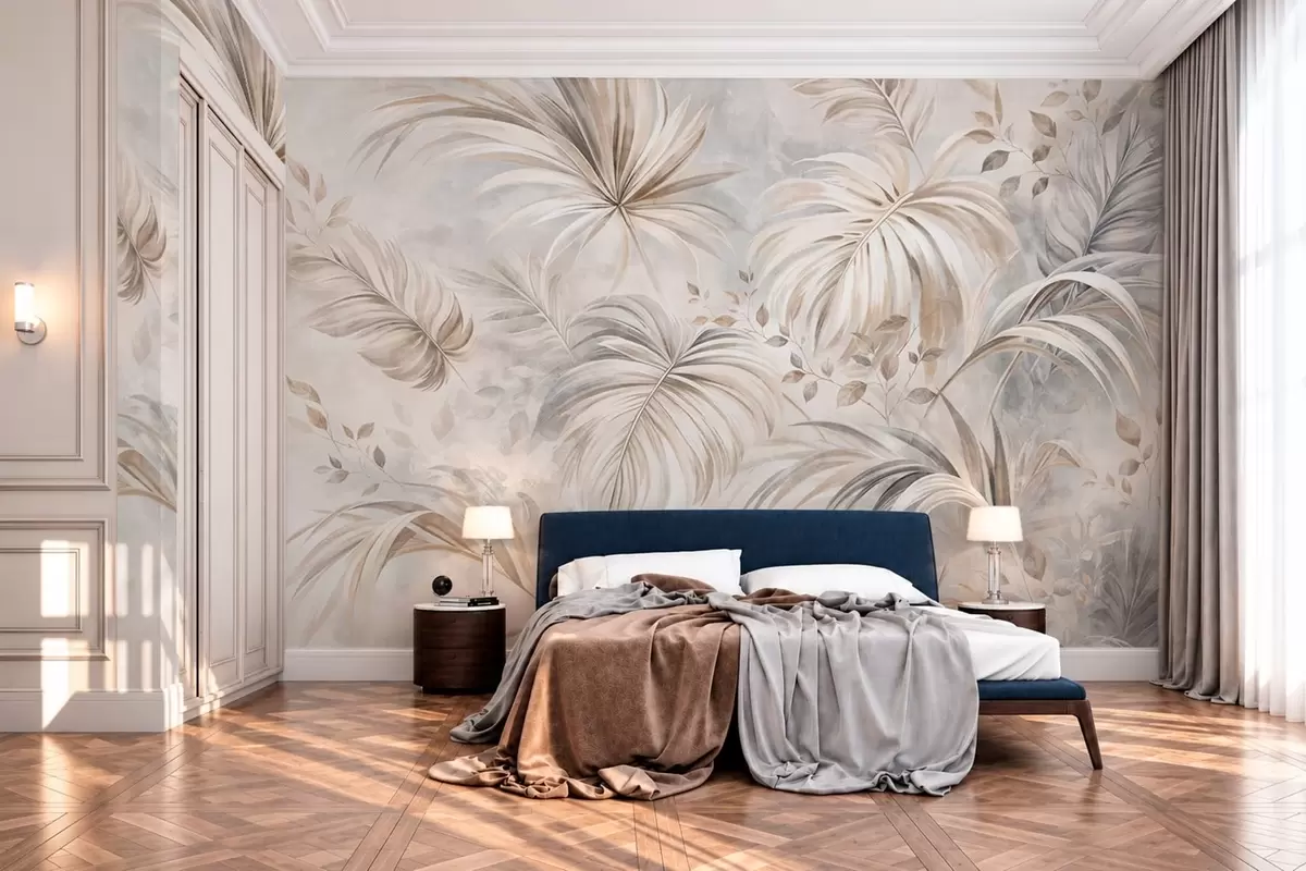 peintures murales Feuillage tropical dans des tons beiges et gris doux w05956