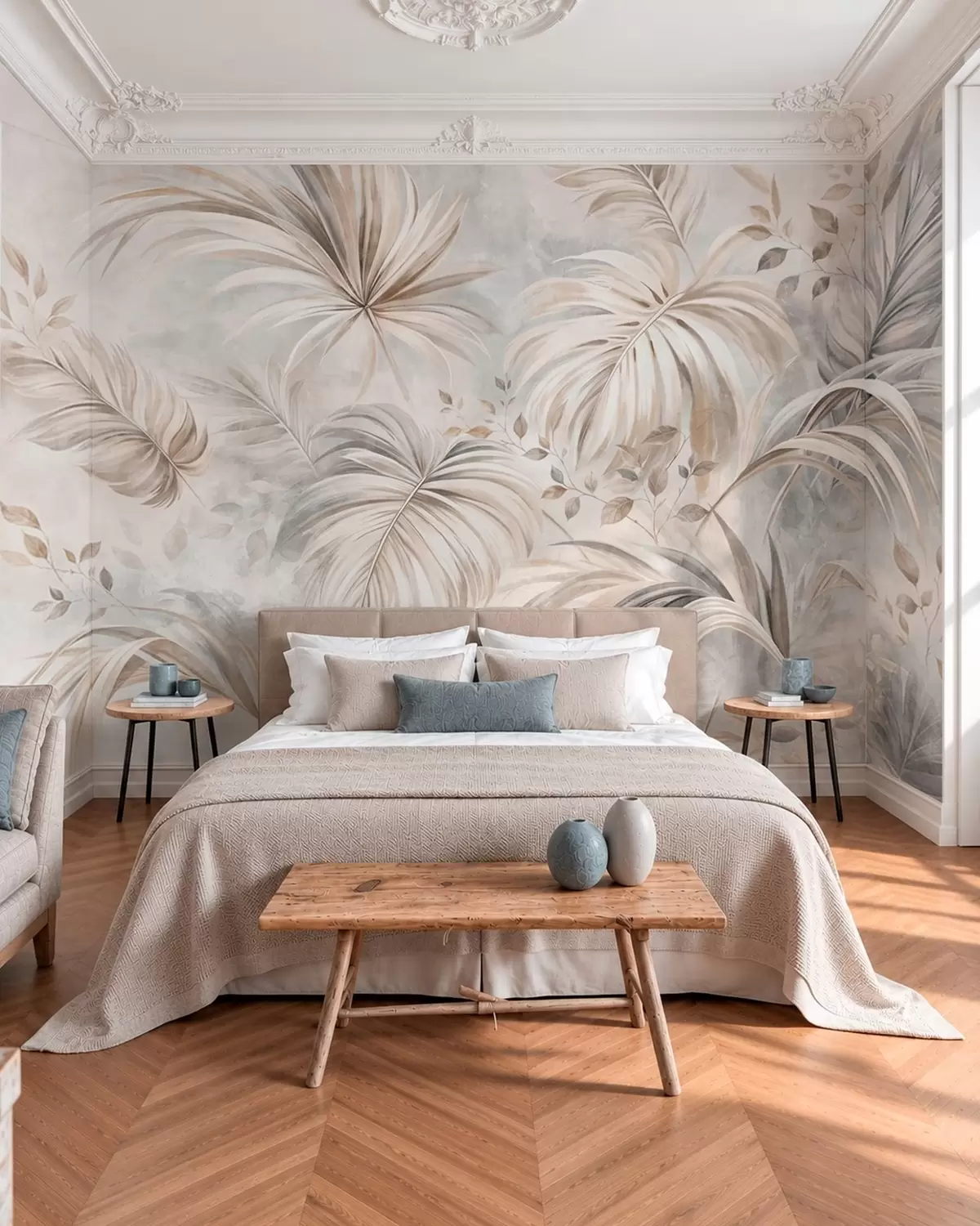 wall murals Tropical foliage in soft beige and gray tones w05956