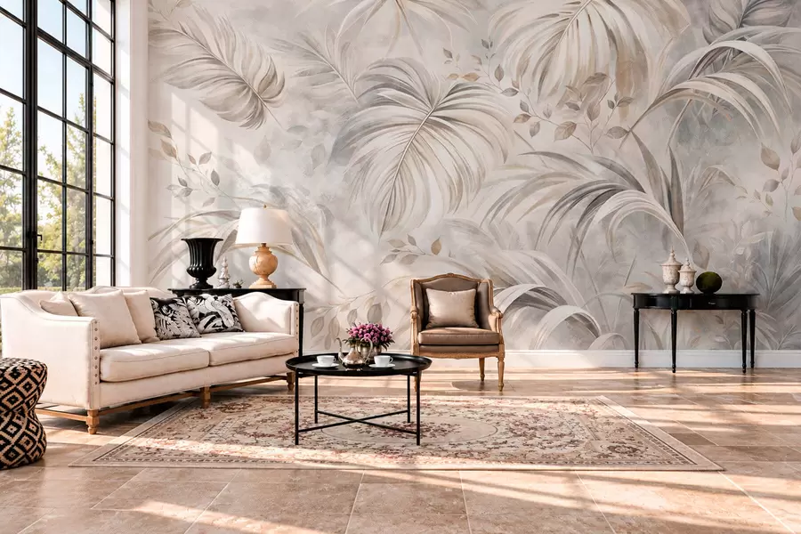 Wall Mural Photo Wallpaper Tropical foliage in soft beige and gray tones w05956