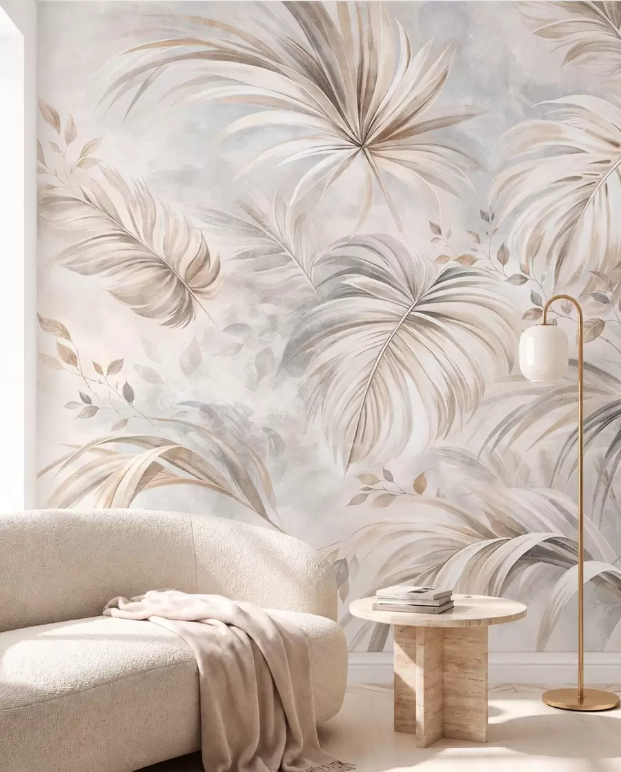 murales Follaje tropical en suaves tonos beige y grises w05956