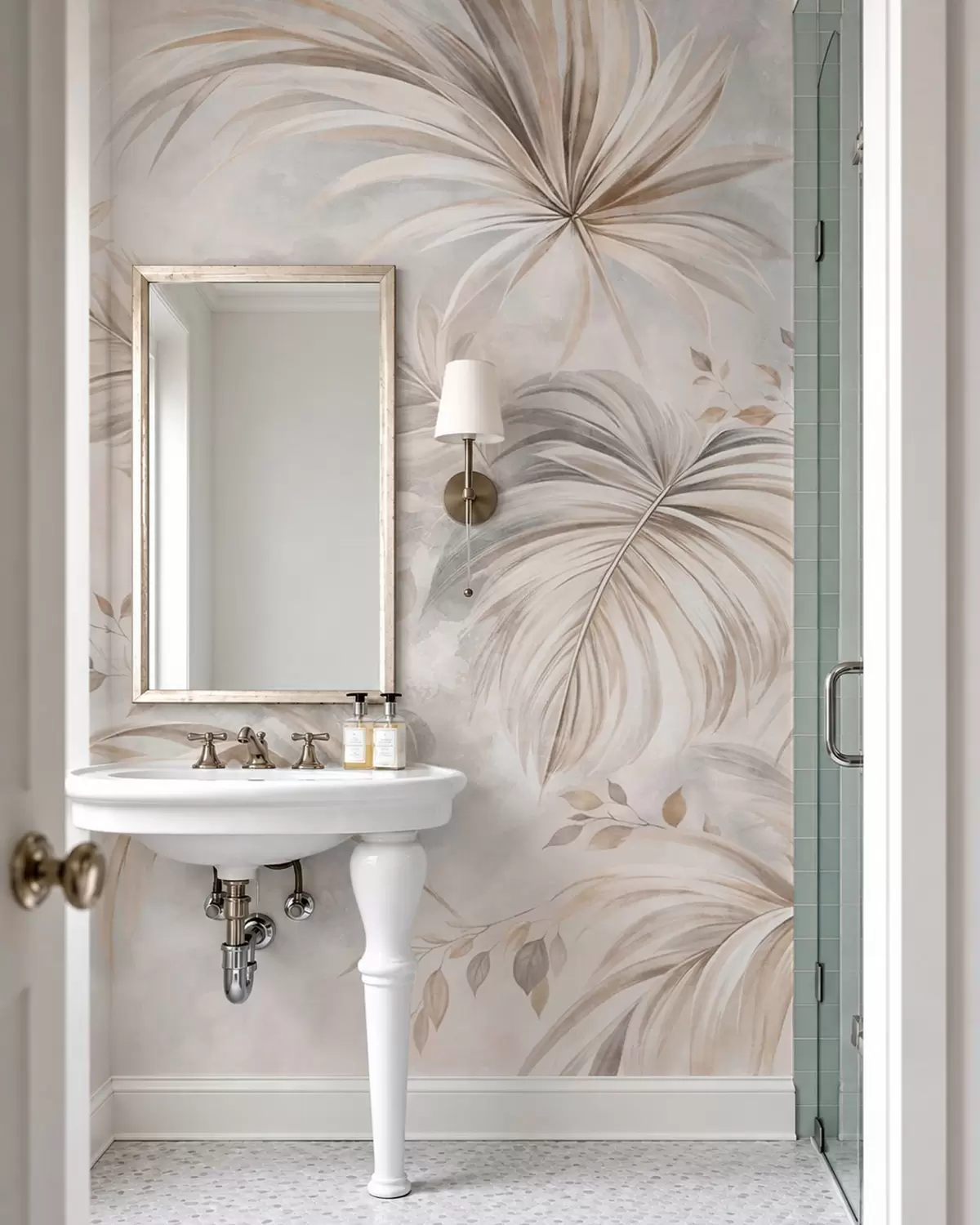 wall murals Tropical foliage in soft beige and gray tones w05956