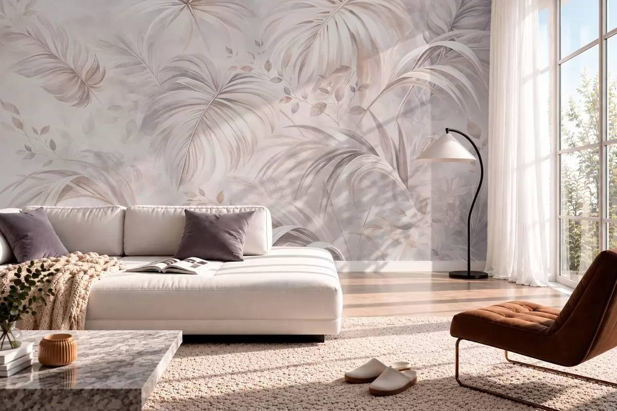 wall murals Lush tropical foliage in pastel shades w05956v1