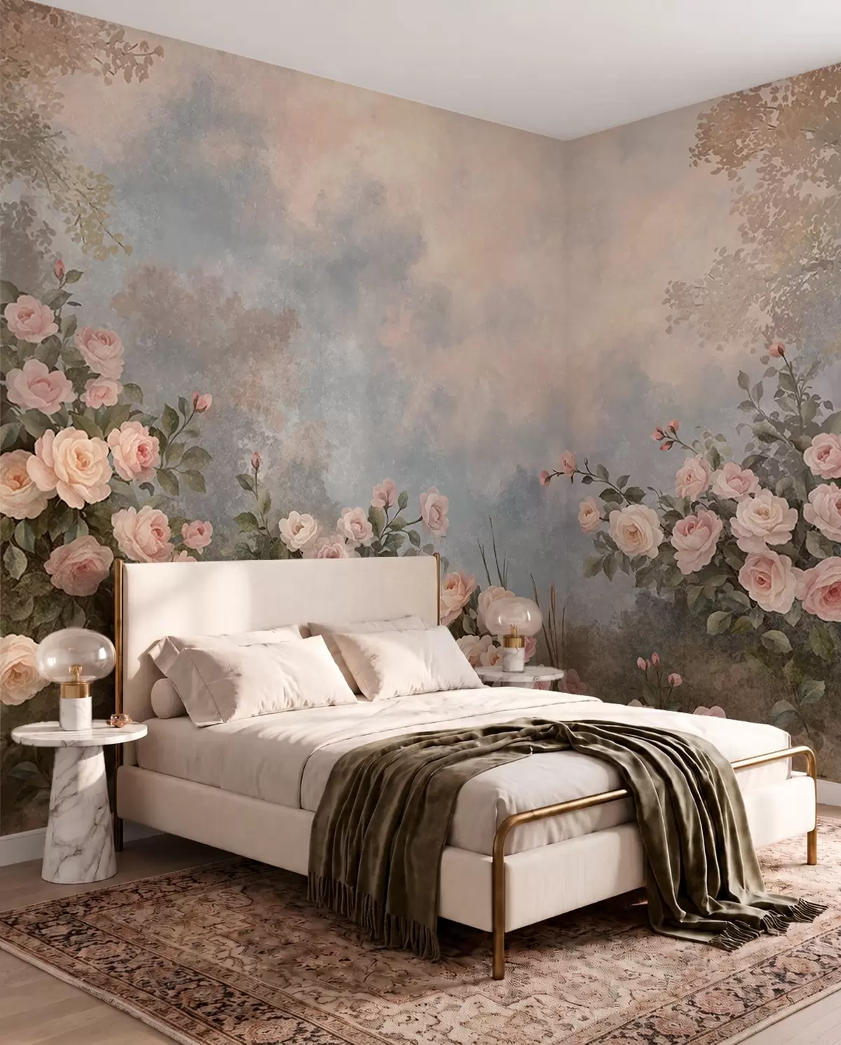 peintures murales Des rosiers aux fleurs roses éclatantes se détachant sur un paysage brumeux w05888