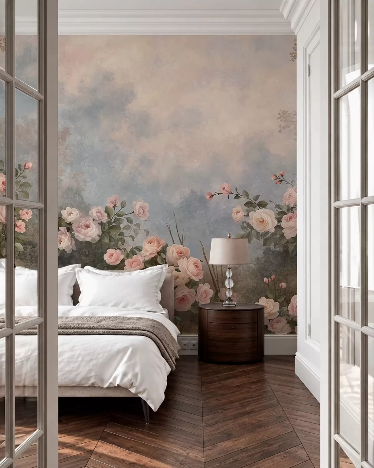 peintures murales Des rosiers aux fleurs roses éclatantes se détachant sur un paysage brumeux w05888
