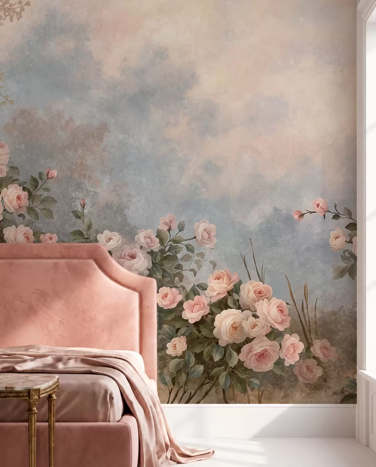 peintures murales Des rosiers aux fleurs roses éclatantes se détachant sur un paysage brumeux w05888