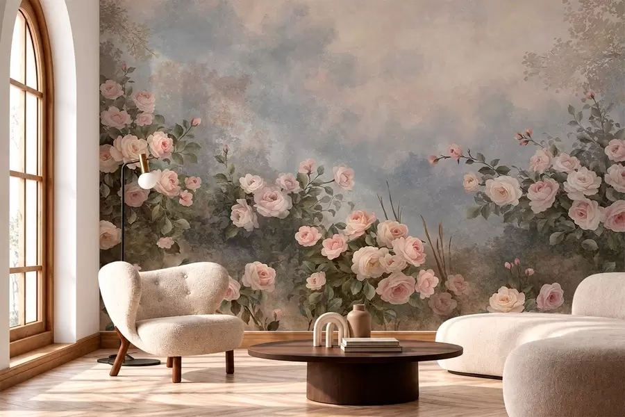 wall murals Lush pink rose bushes against a misty landscape w05888