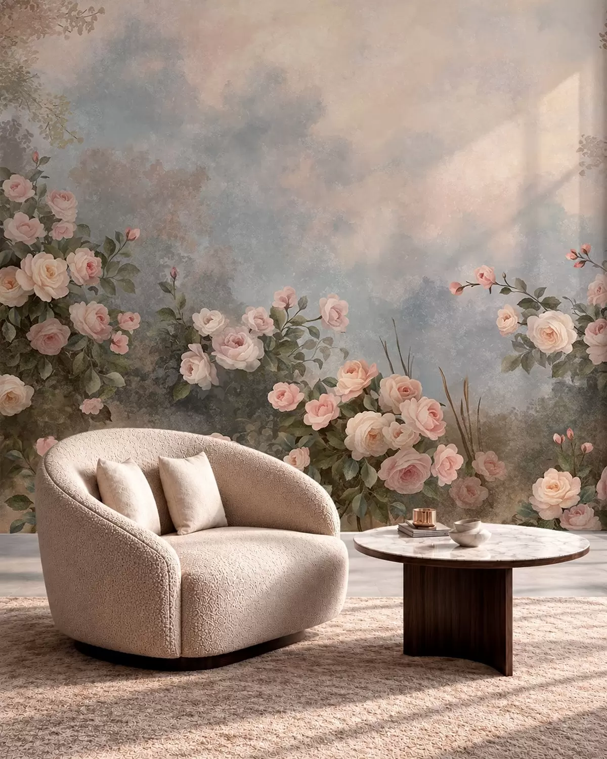 peintures murales Des rosiers aux fleurs roses éclatantes se détachant sur un paysage brumeux w05888