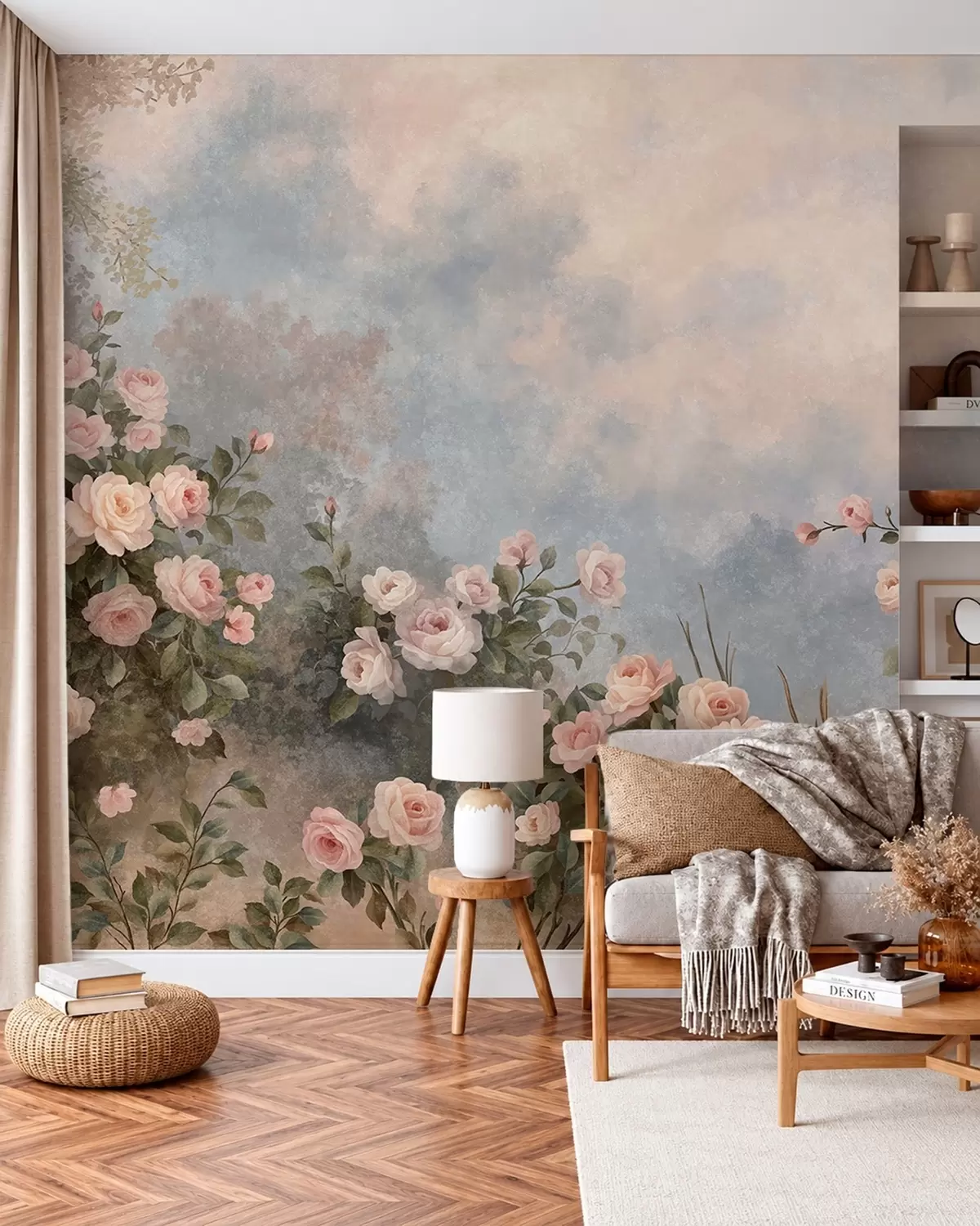 peintures murales Des rosiers aux fleurs roses éclatantes se détachant sur un paysage brumeux w05888