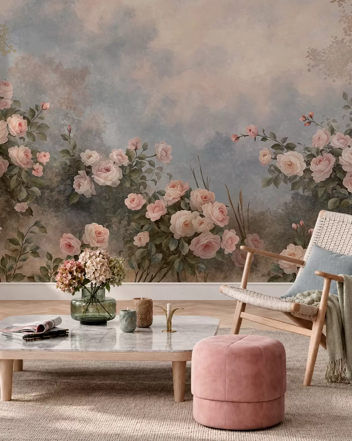 peintures murales Des rosiers aux fleurs roses éclatantes se détachant sur un paysage brumeux w05888