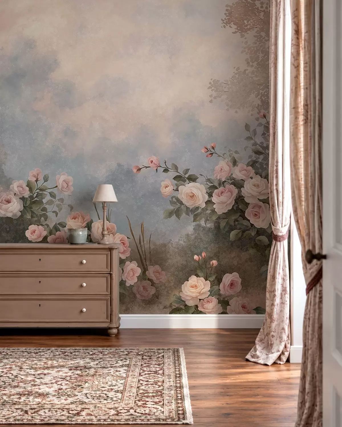 peintures murales Des rosiers aux fleurs roses éclatantes se détachant sur un paysage brumeux w05888