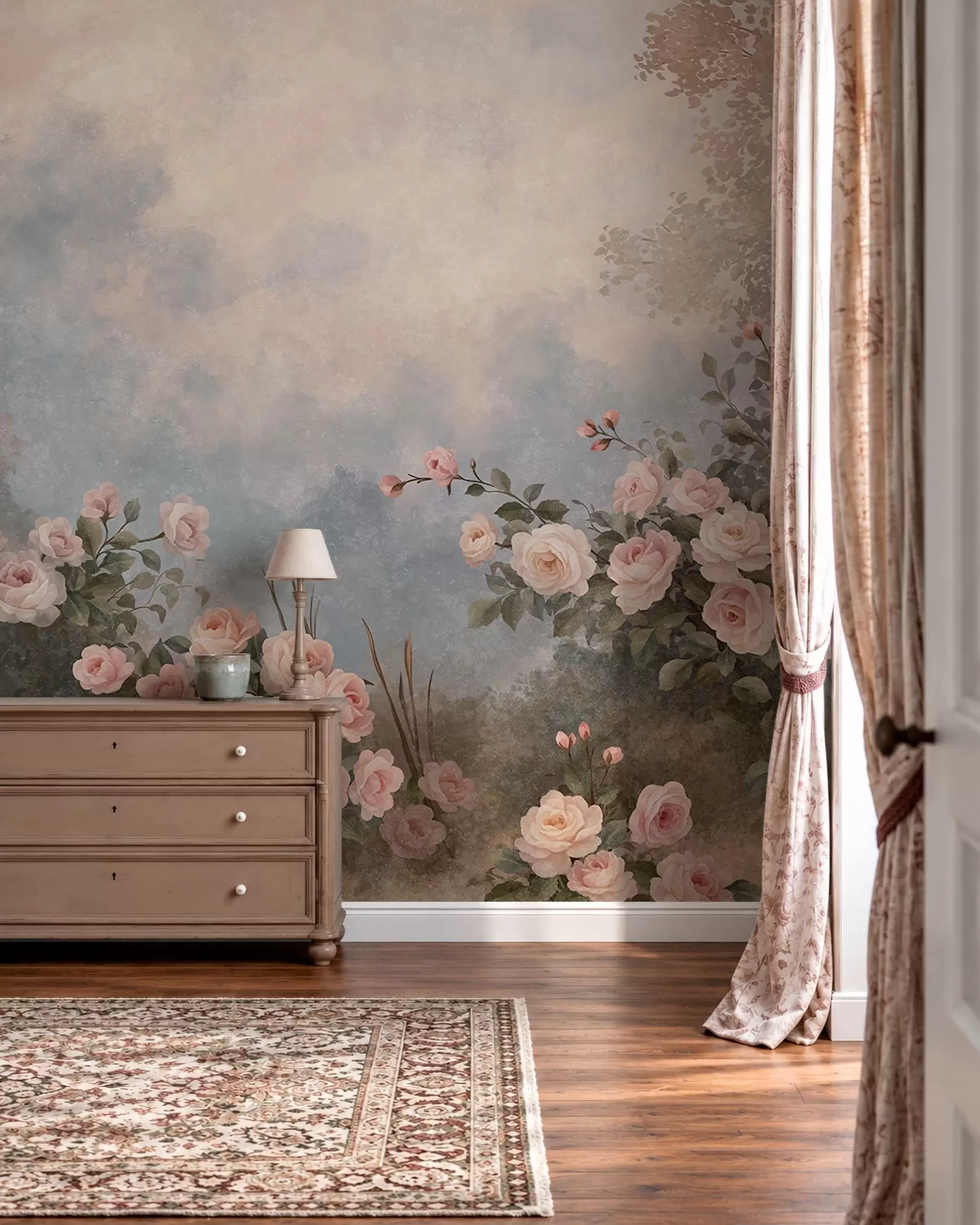 peintures murales Des rosiers aux fleurs roses éclatantes se détachant sur un paysage brumeux w05888
