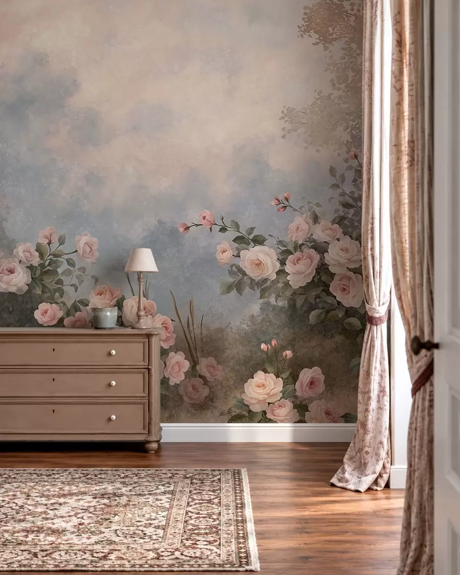 peintures murales Des rosiers aux fleurs roses éclatantes se détachant sur un paysage brumeux w05888