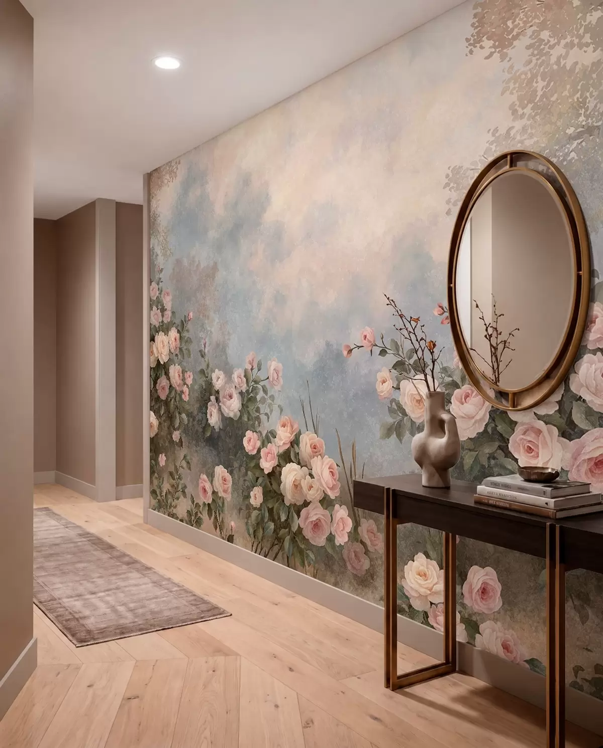 peintures murales Des rosiers aux fleurs roses éclatantes se détachant sur un paysage brumeux w05888