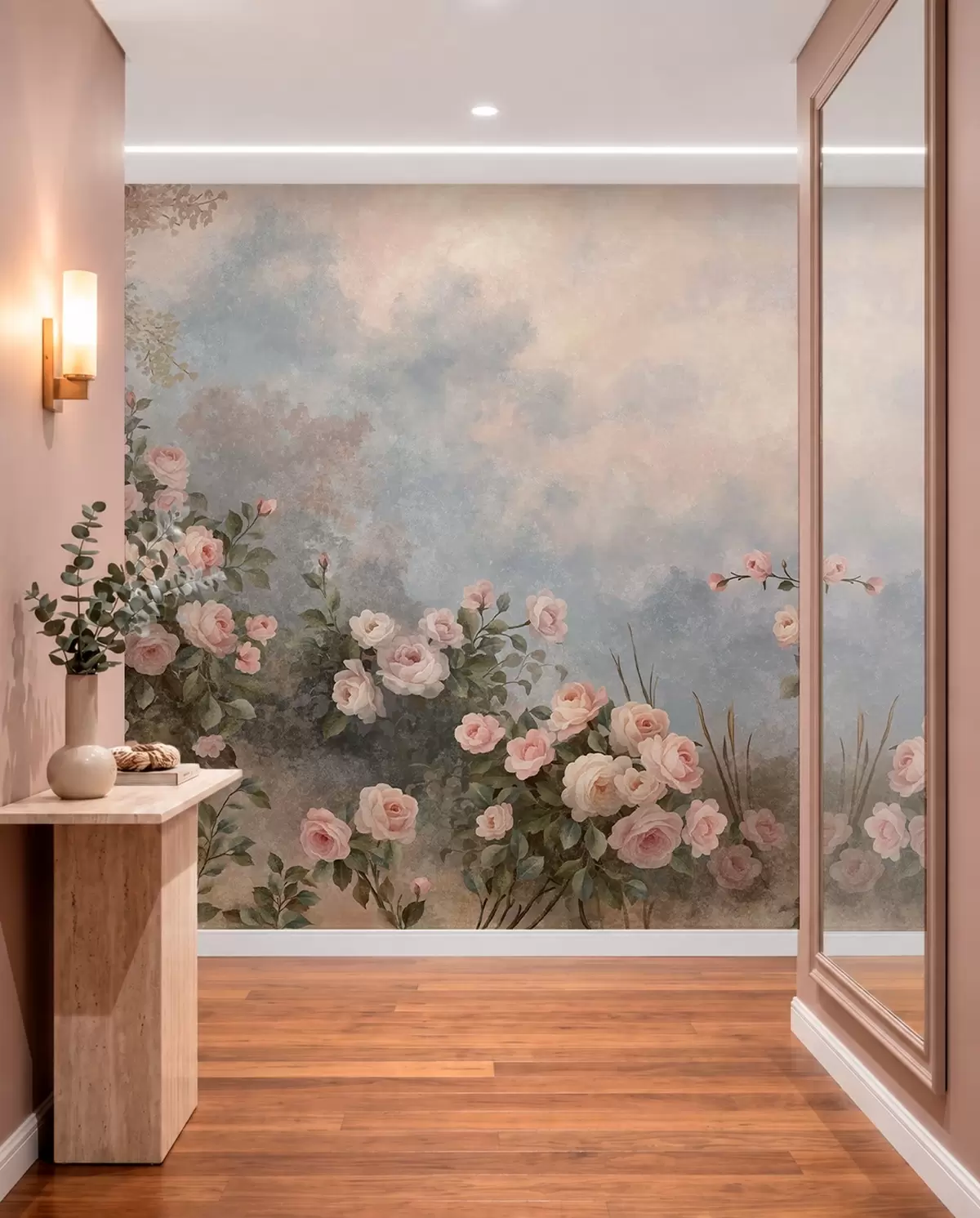 peintures murales Des rosiers aux fleurs roses éclatantes se détachant sur un paysage brumeux w05888