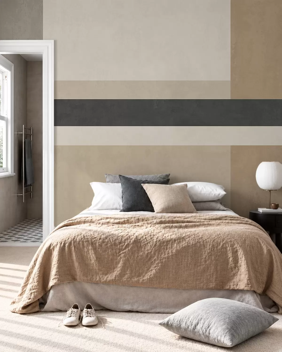 peintures murales Rectangles abstraits dans des tons beiges chauds, ornés d'une bande sombre w05890