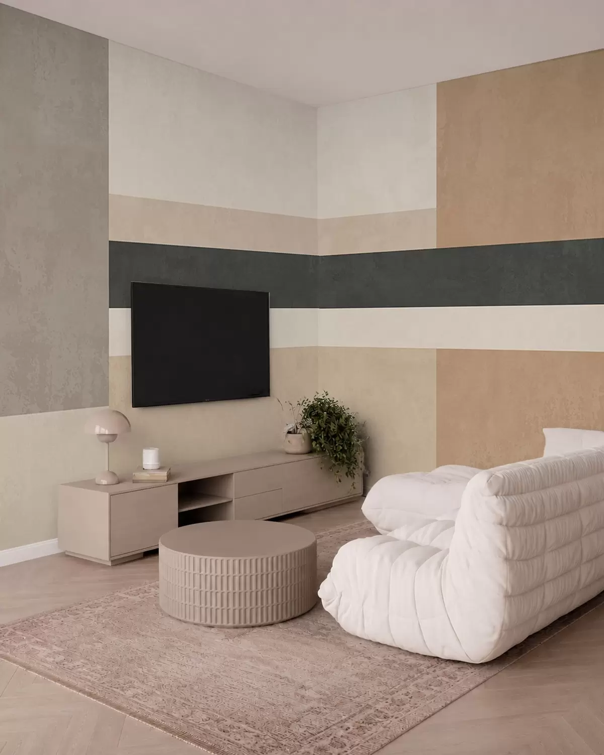 peintures murales Rectangles abstraits dans des tons beiges chauds, ornés d'une bande sombre w05890