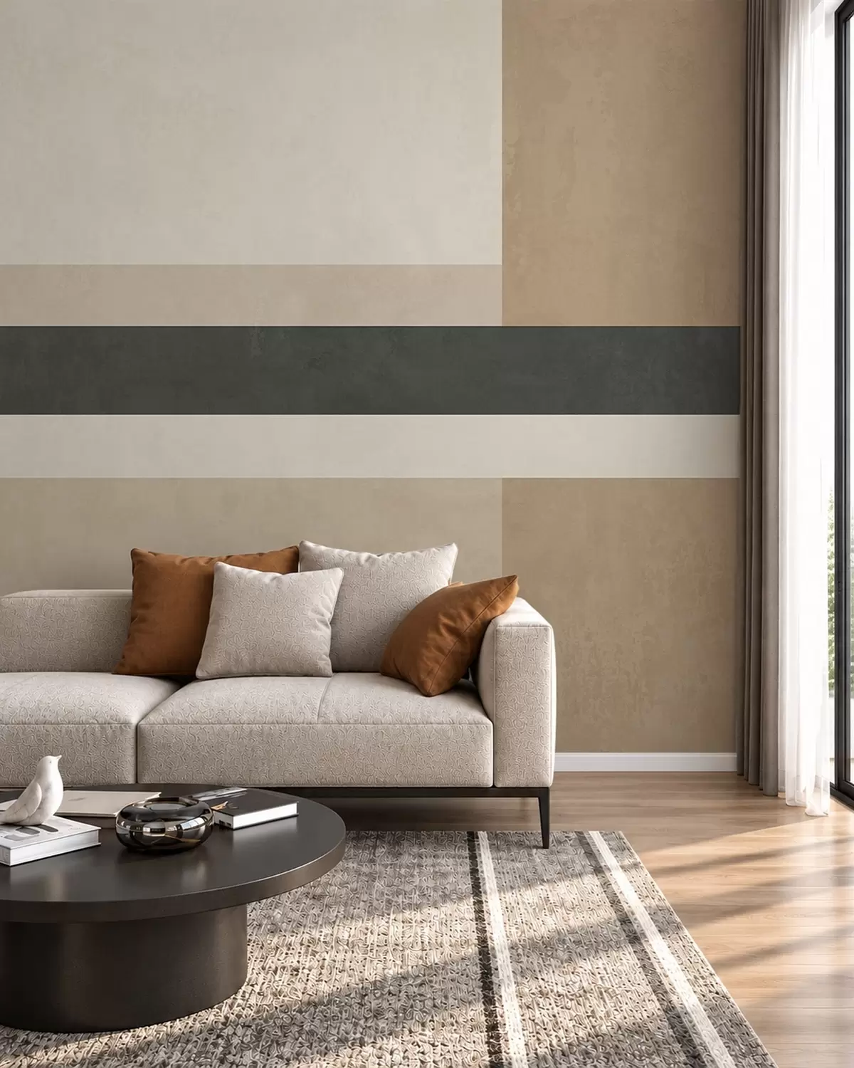 peintures murales Rectangles abstraits dans des tons beiges chauds, ornés d'une bande sombre w05890