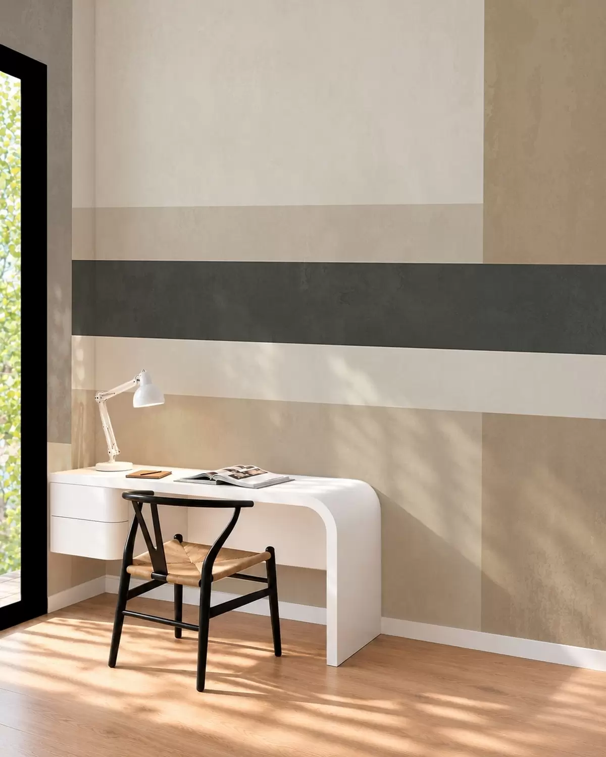 peintures murales Rectangles abstraits dans des tons beiges chauds, ornés d'une bande sombre w05890