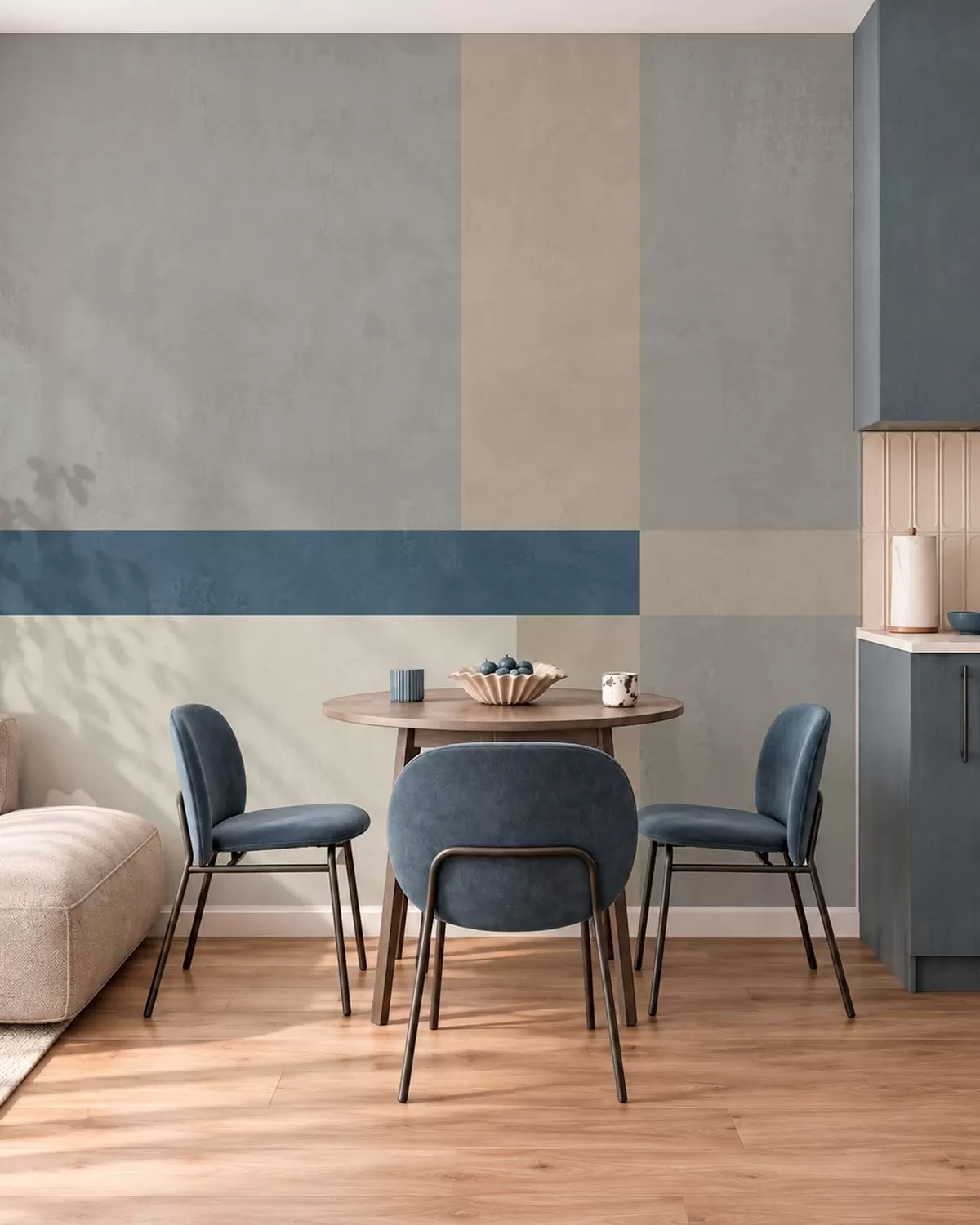 wall murals Geometric blocks in gray and beige tones with a blue stripe w05891v1