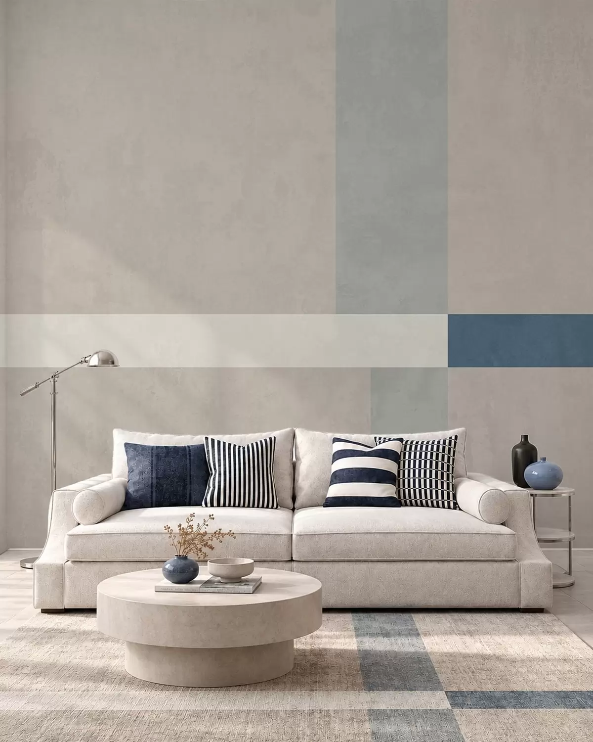 murales Rectángulos abstractos en tonos beige y gris con un toque de azul w05891v2