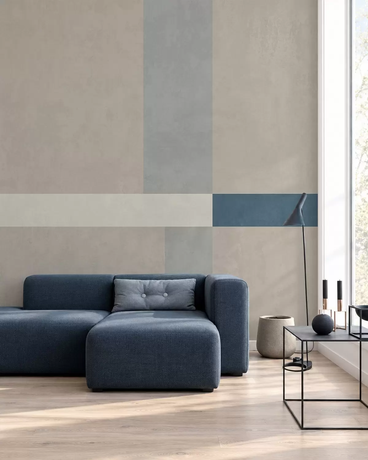 murales Rectángulos abstractos en tonos beige y gris con un toque de azul w05891v2