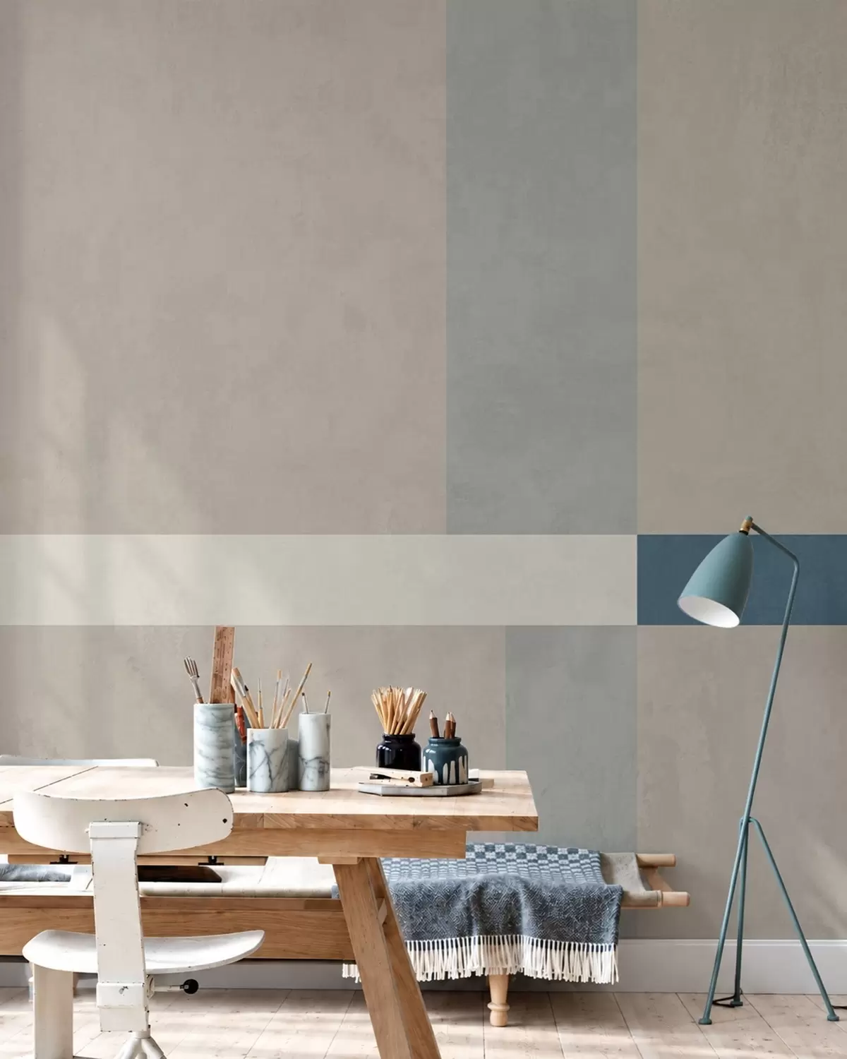 murales Rectángulos abstractos en tonos beige y gris con un toque de azul w05891v2
