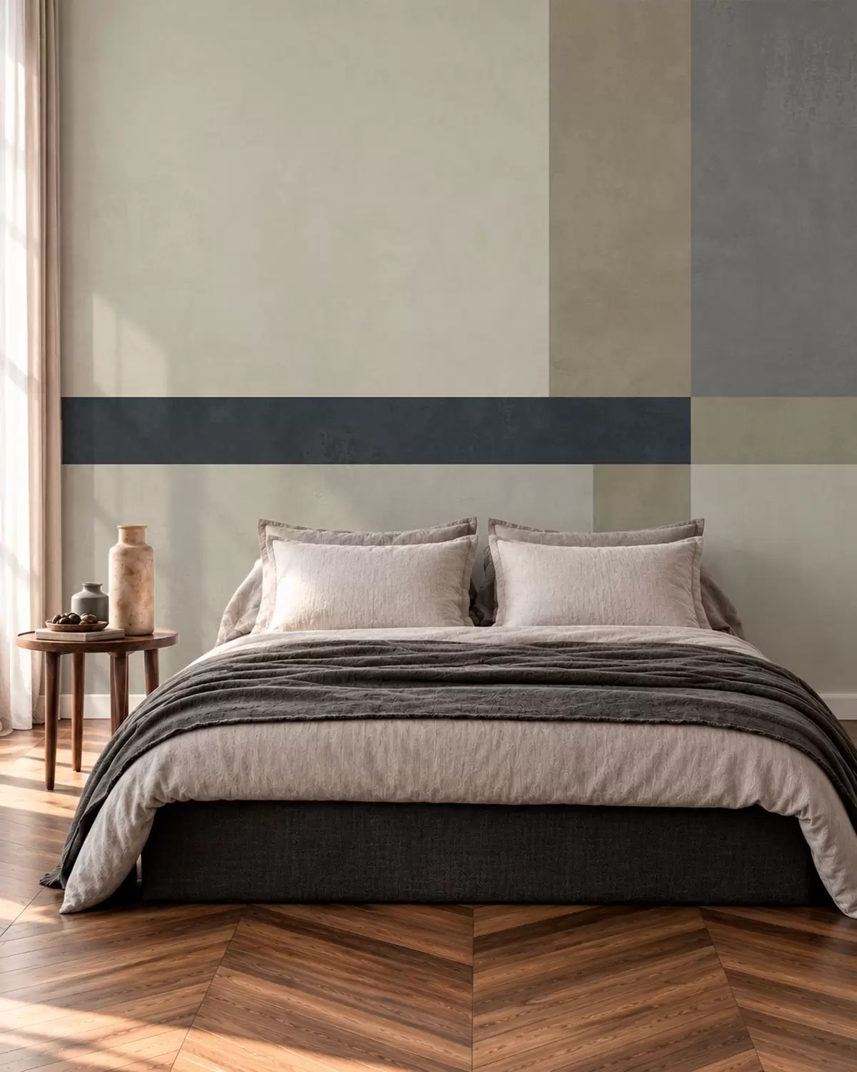 murales Composición geométrica de bloques en tonos beige y gris con una franja oscura w05891v3