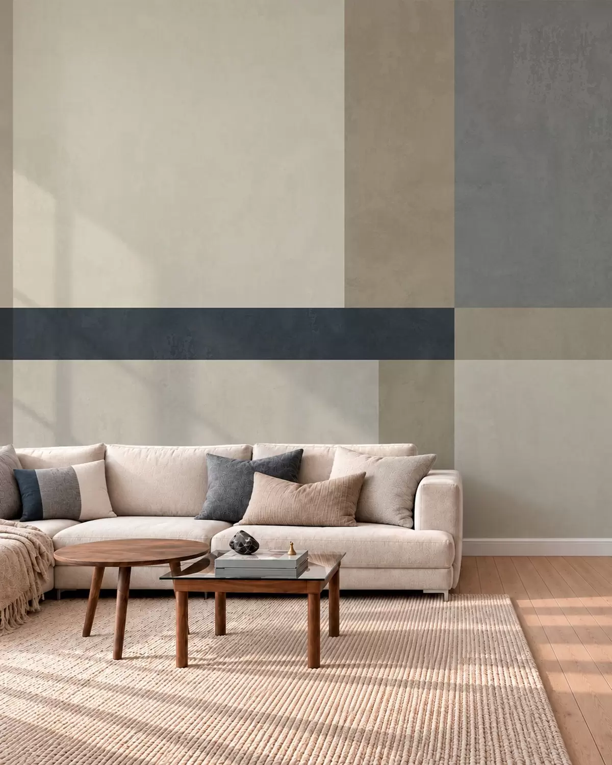 murales Composición geométrica de bloques en tonos beige y gris con una franja oscura w05891v3
