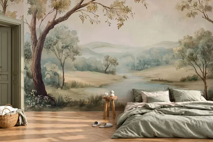 wall murals Delicate landscape with trees, a lake and distant hills w05957