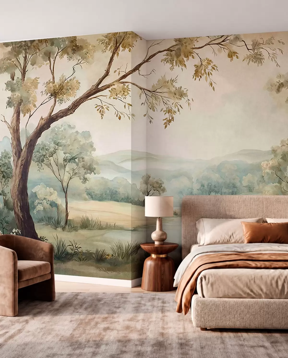 peintures murales Paysage délicat avec des arbres, un lac et des collines au loin w05957