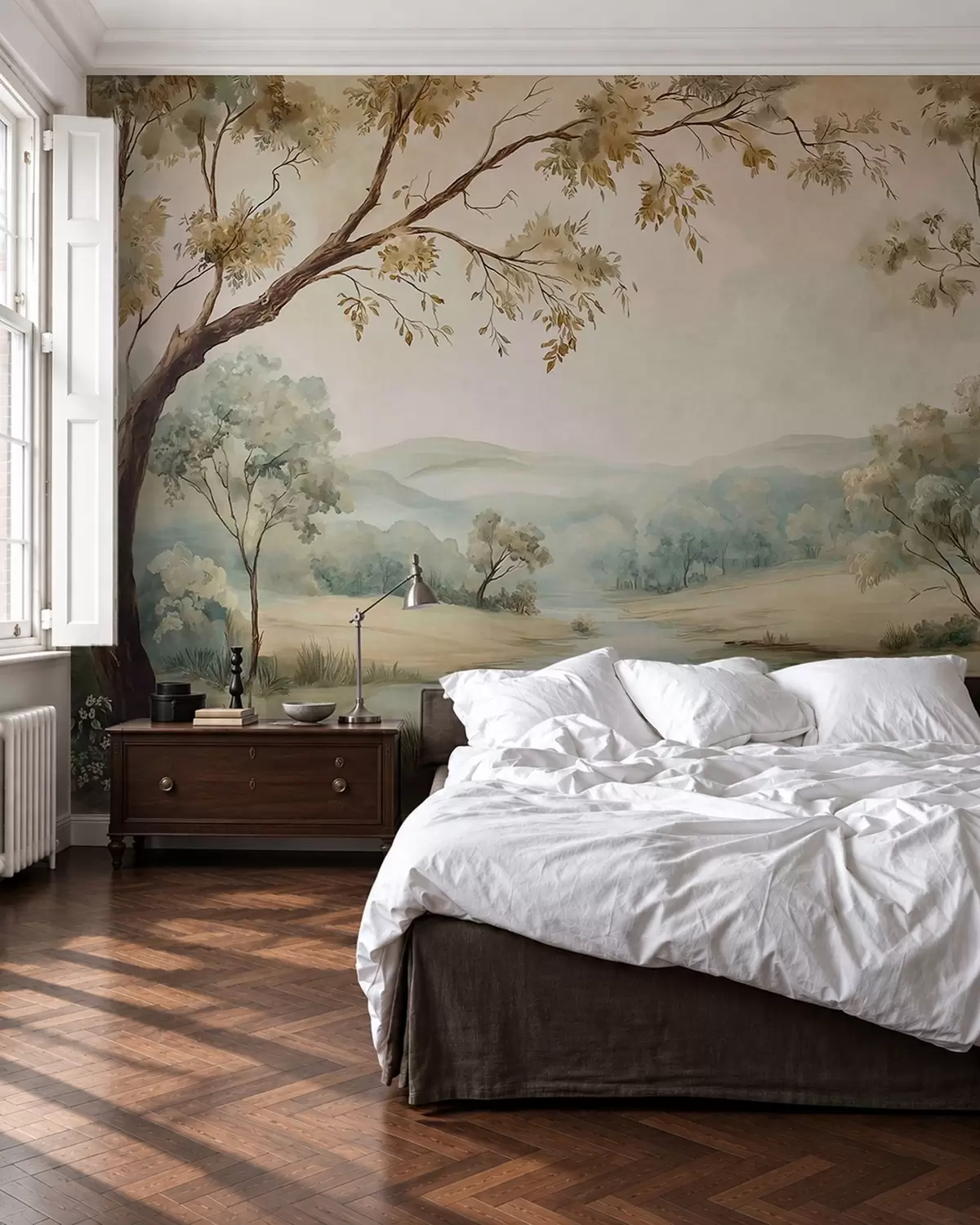 peintures murales Paysage délicat avec des arbres, un lac et des collines au loin w05957