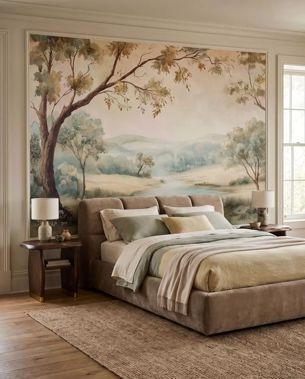 peintures murales Paysage délicat avec des arbres, un lac et des collines au loin w05957