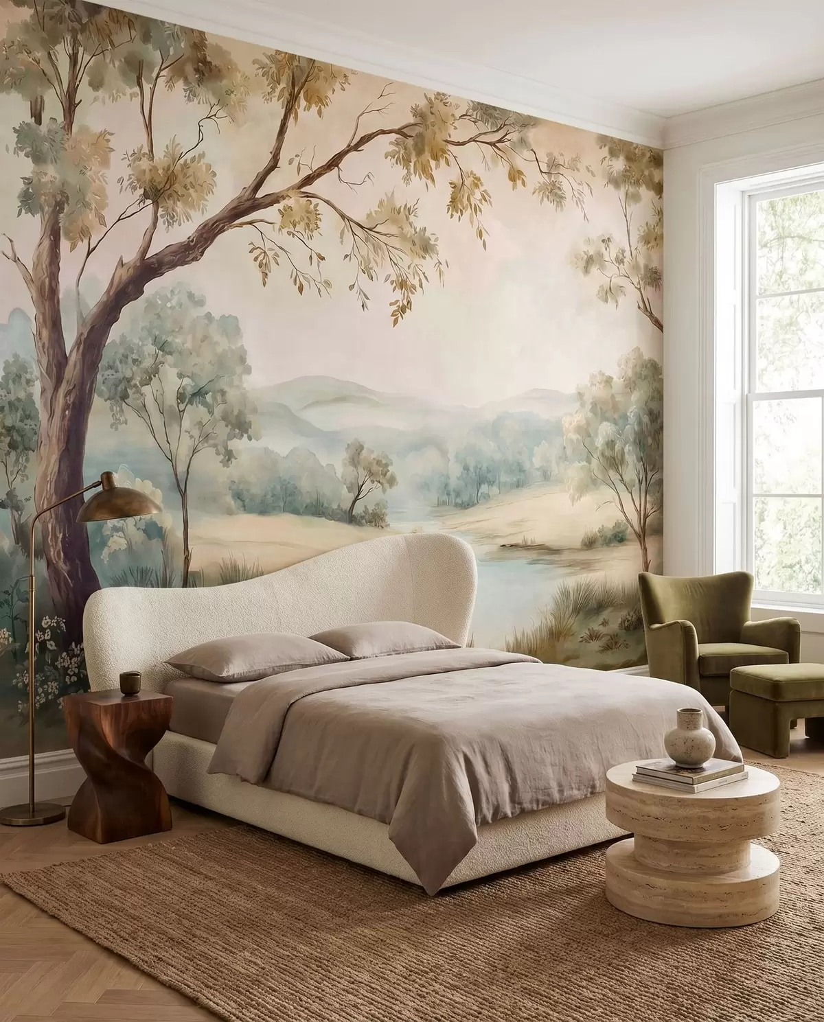 peintures murales Paysage délicat avec des arbres, un lac et des collines au loin w05957