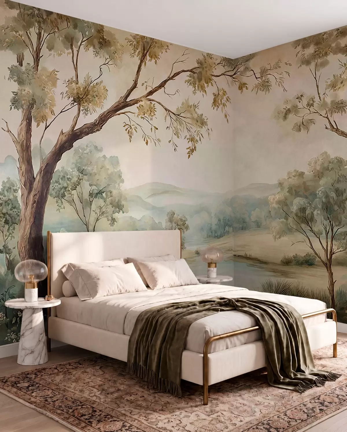 peintures murales Paysage délicat avec des arbres, un lac et des collines au loin w05957