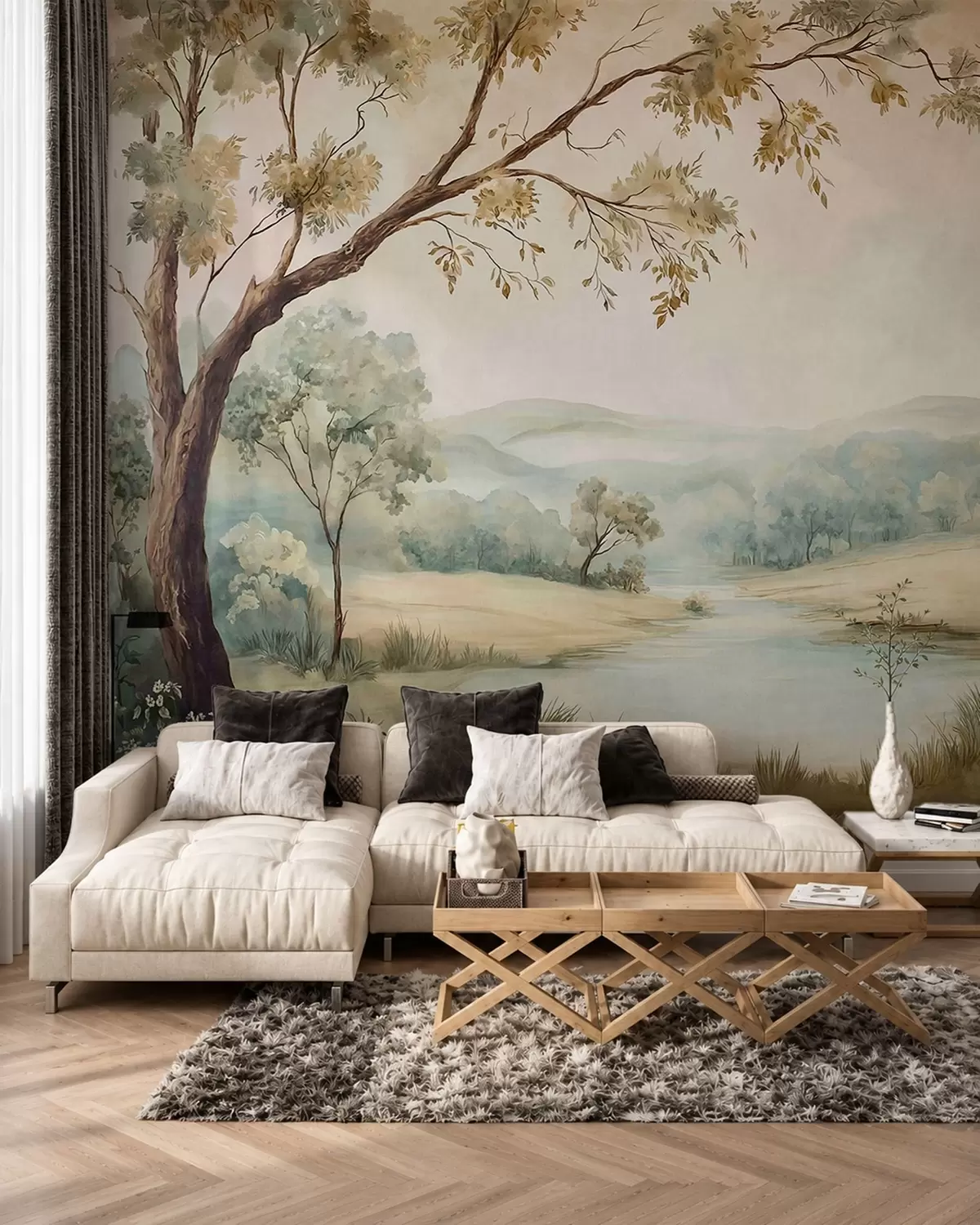 peintures murales Paysage délicat avec des arbres, un lac et des collines au loin w05957