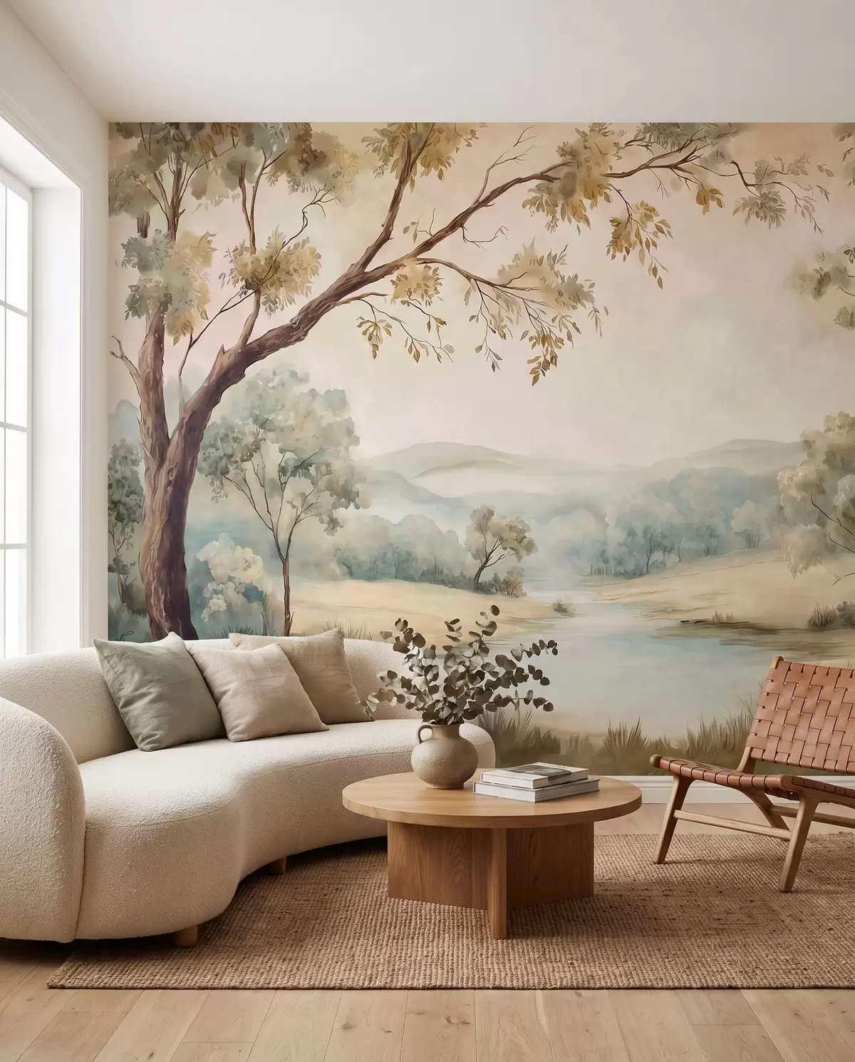 peintures murales Paysage délicat avec des arbres, un lac et des collines au loin w05957