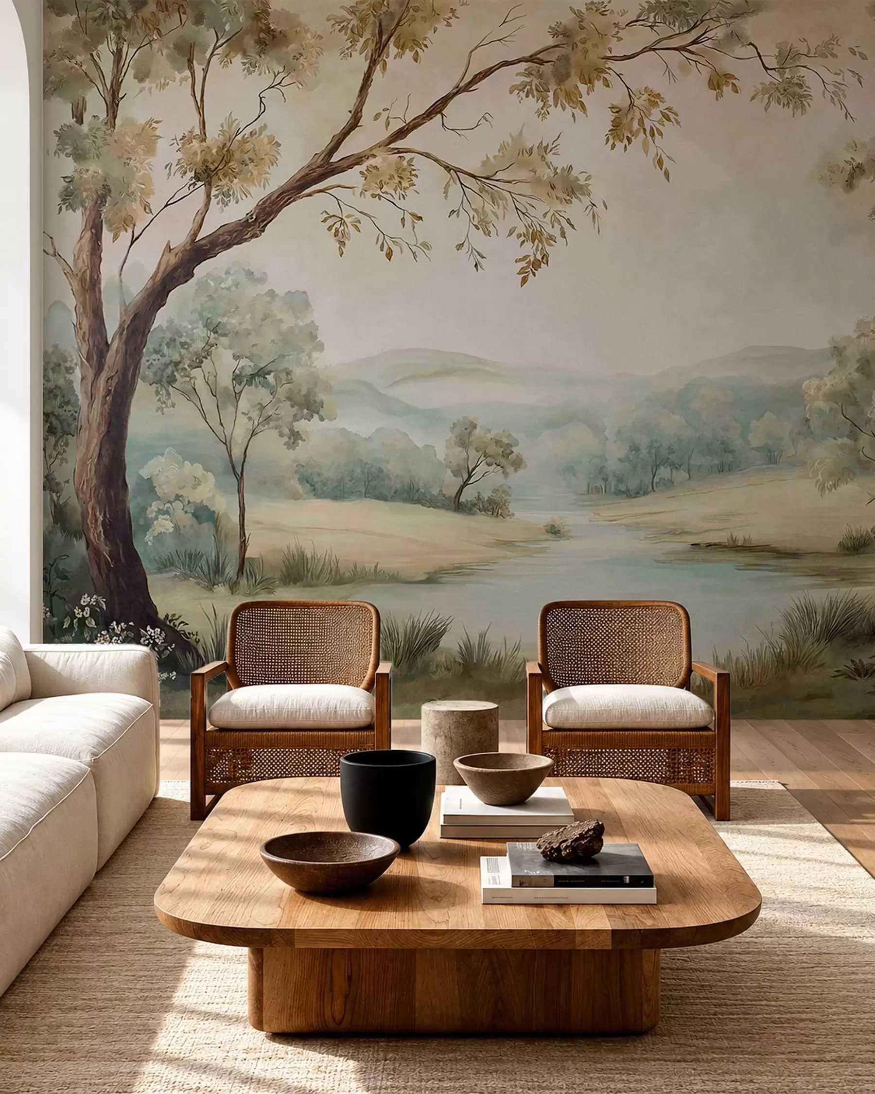 peintures murales Paysage délicat avec des arbres, un lac et des collines au loin w05957