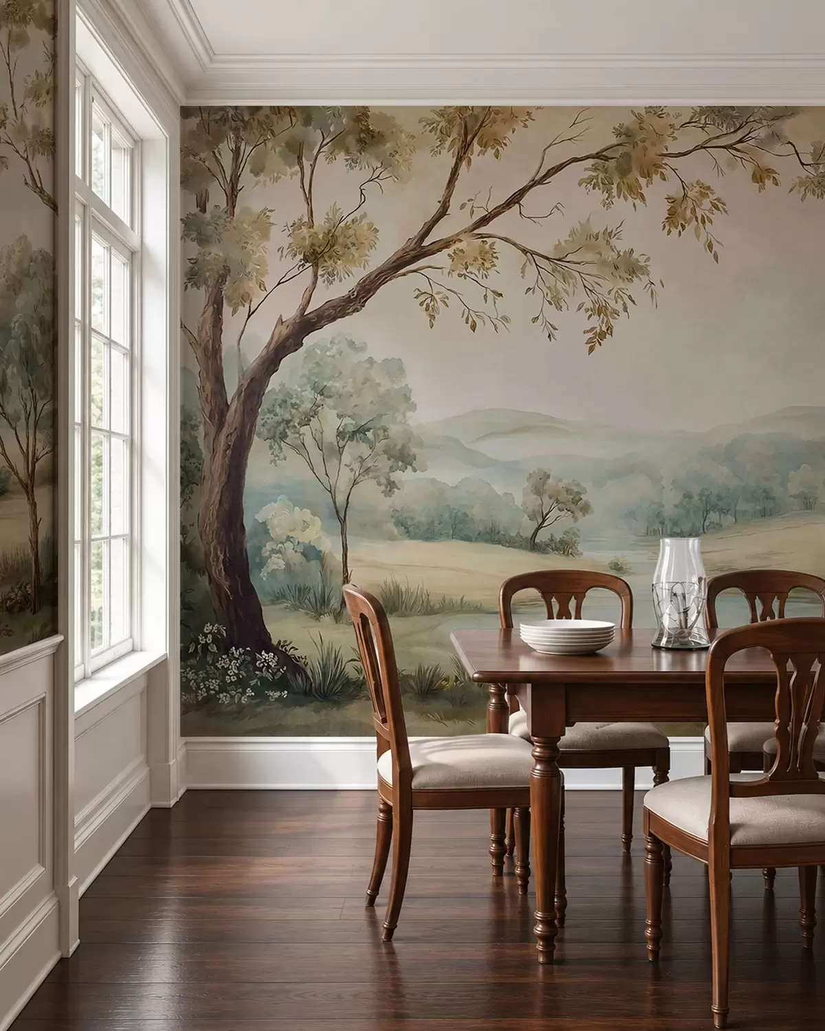 peintures murales Paysage délicat avec des arbres, un lac et des collines au loin w05957
