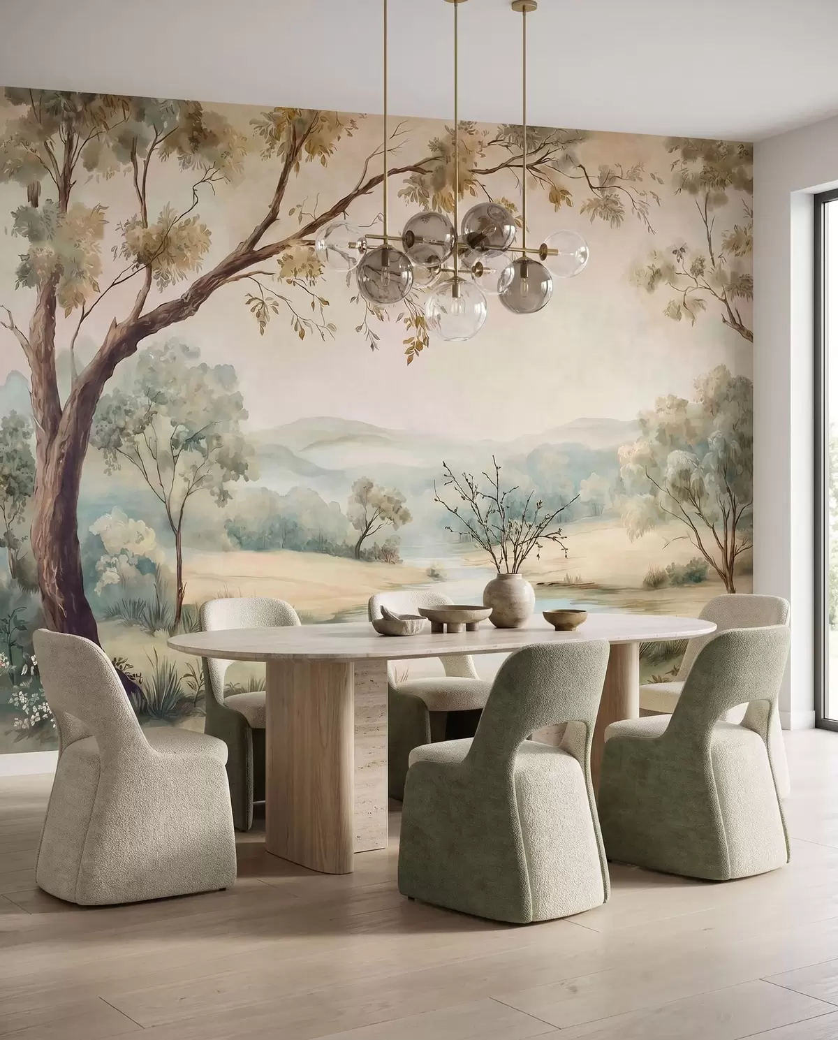 peintures murales Paysage délicat avec des arbres, un lac et des collines au loin w05957